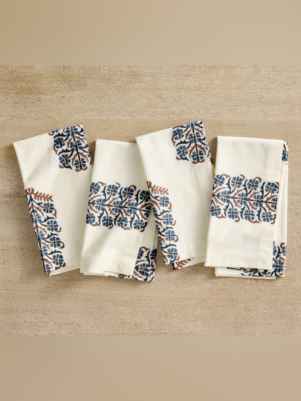 8 Pottery Barn Rita Block Print 100% Organic Cotton Napkins Blue 2 Sets of 4 NWT